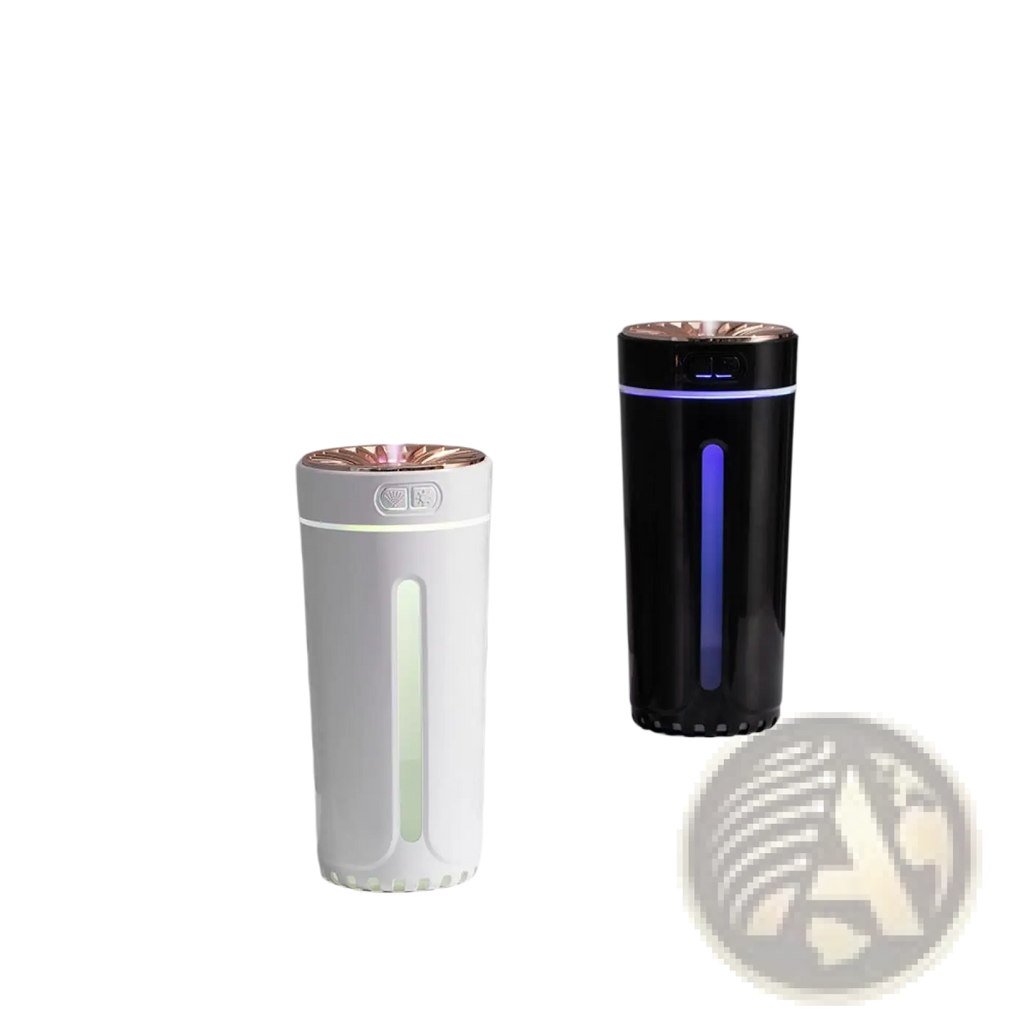 Two sleek cylindrical phantom cup humidifiers in white and black with rose gold nozzles emitting gentle mist