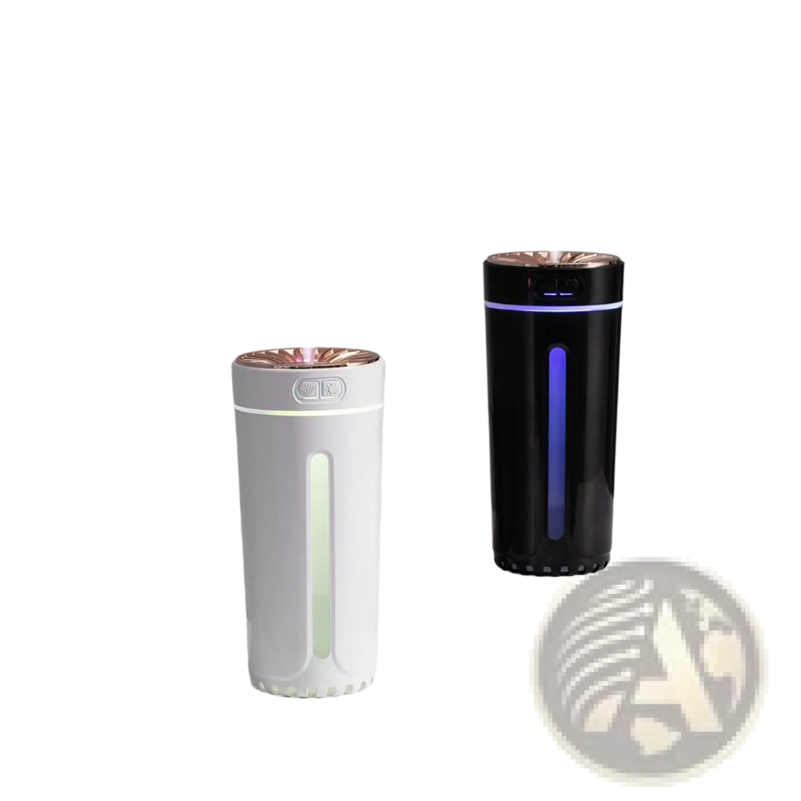 Two sleek cylindrical phantom cup humidifiers in white and black with rose gold nozzles emitting gentle mist