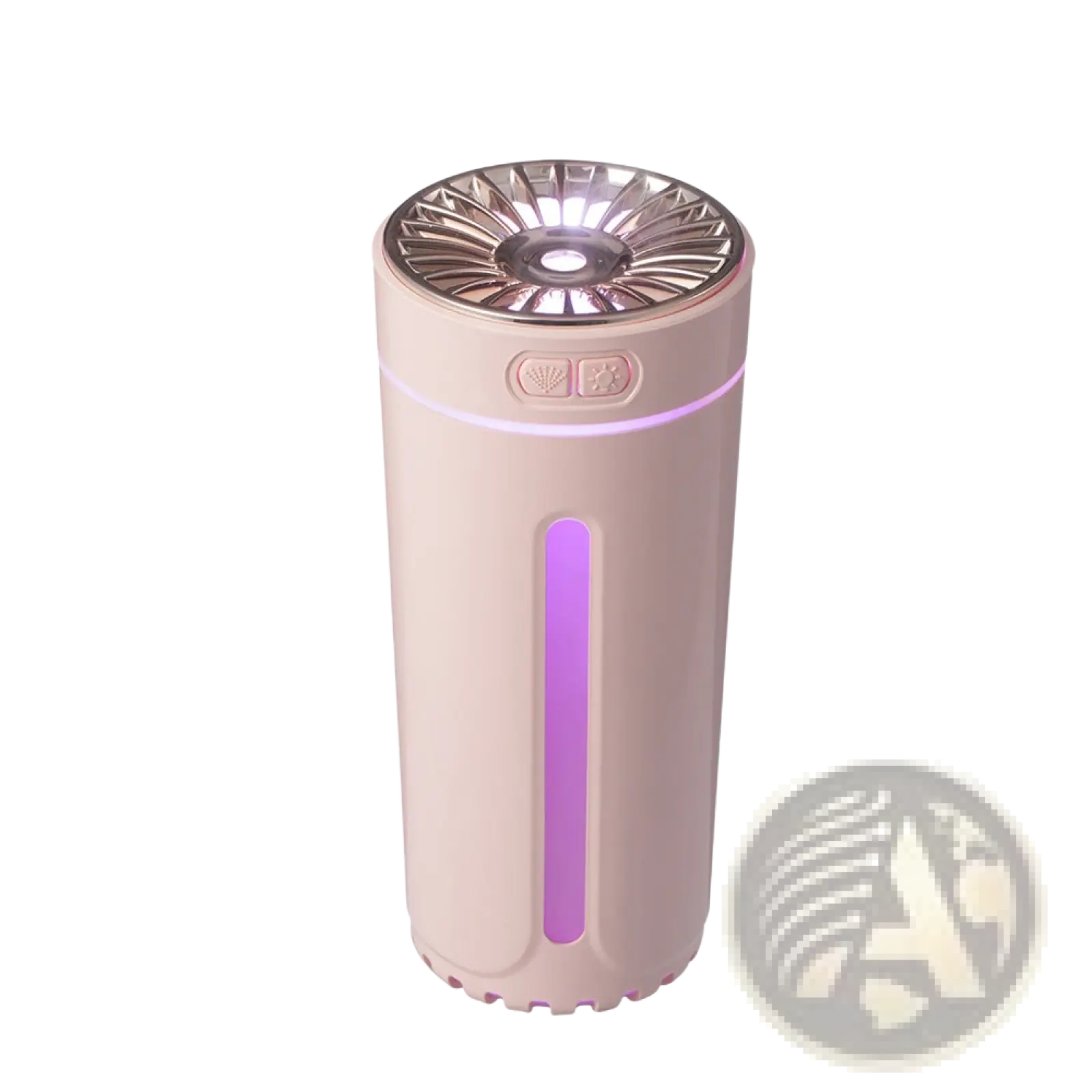 Pink phantom cup humidifier with metallic fan grille top and purple led lighting as a silent usb air diffuser
