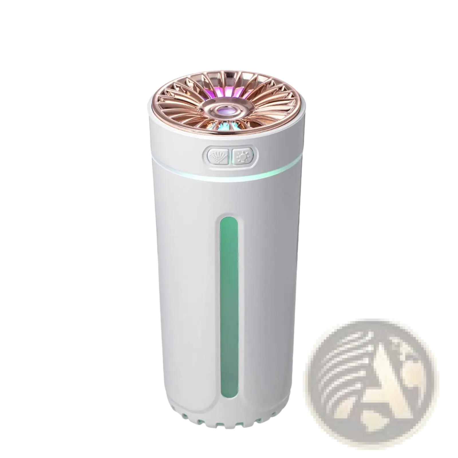 Phantom Cup humidifier silent USB air diffuser white cylindrical with rose gold top and green glowing vertical strip