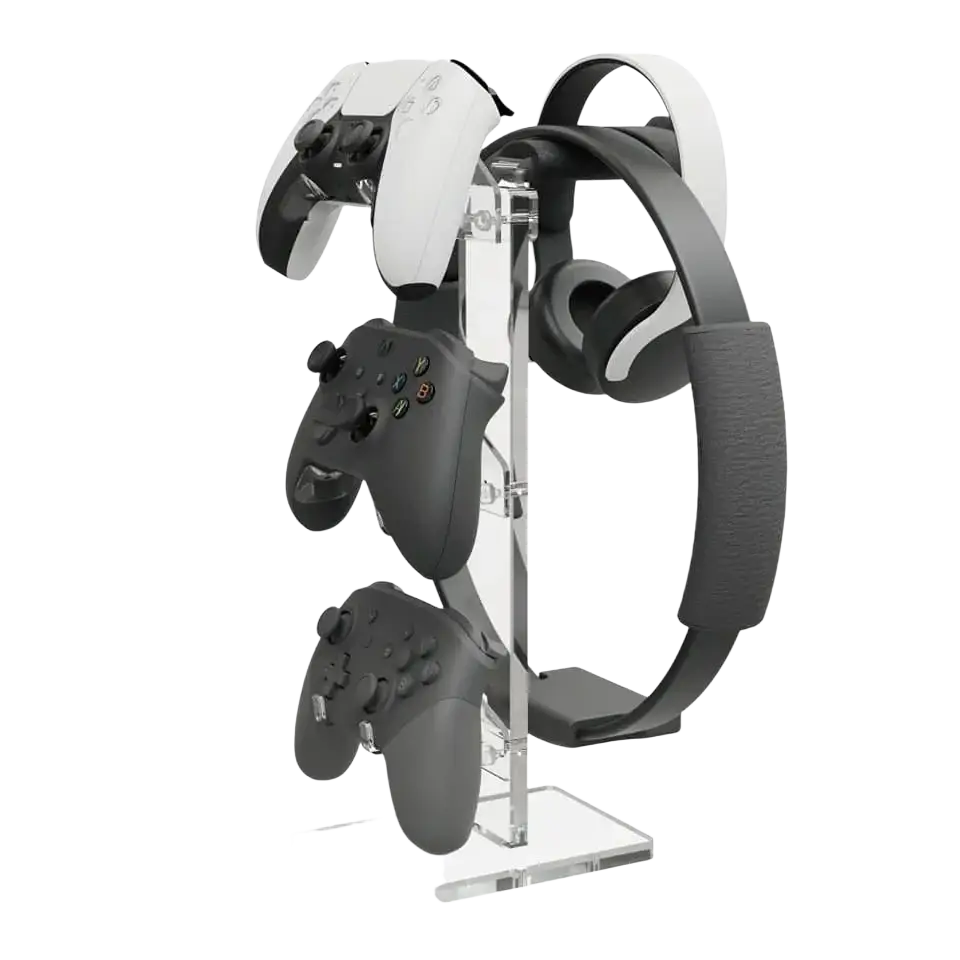 Clear acrylic phantom stand holding three controllers and a headset as a gaming accessory stand rack