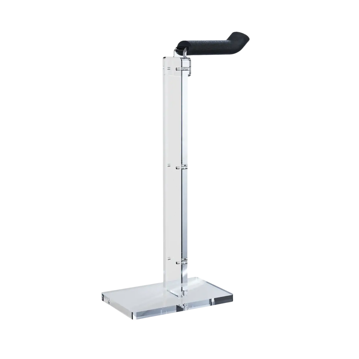 Clear acrylic phantom stand rack with black padded handle designed for guitar and gaming controller organization
