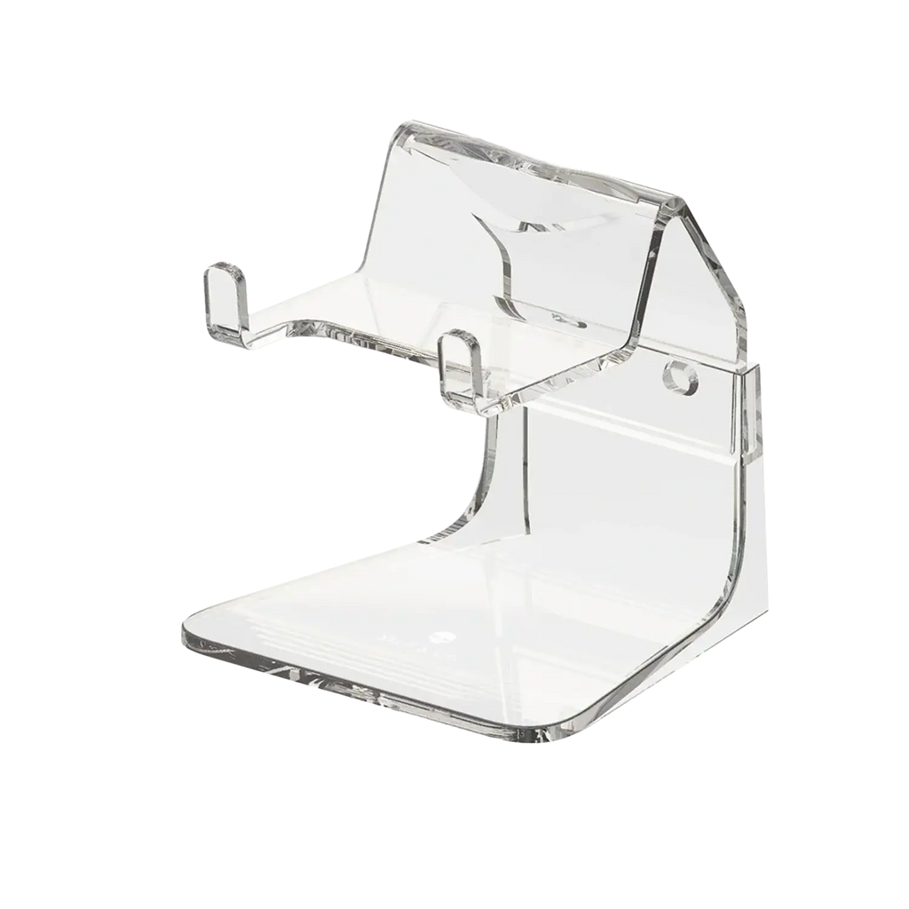 Clear acrylic phantom stand with sleek minimalist design and curved edges for controller holder and gaming rack use