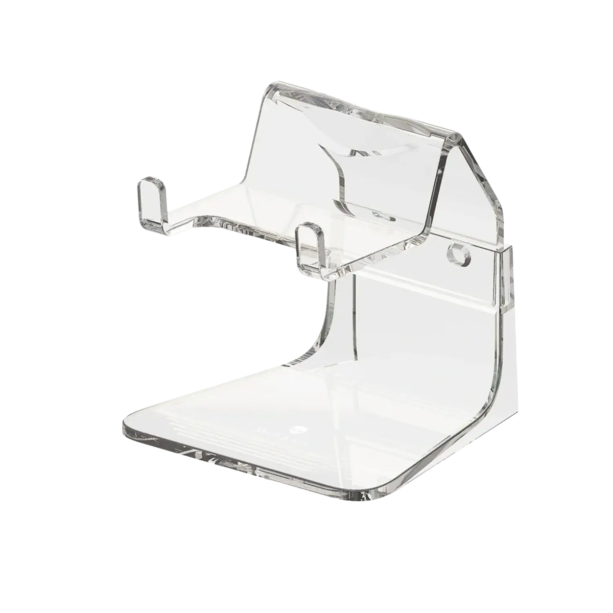 Clear acrylic phantom stand with sleek minimalist design and curved edges for controller holder and gaming rack use
