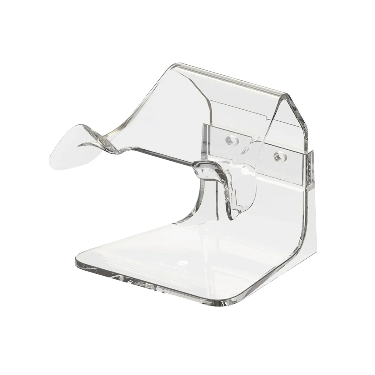 Clear acrylic phantom stand with sleek minimalist design and integrated mounting bracket for controller and gaming rack