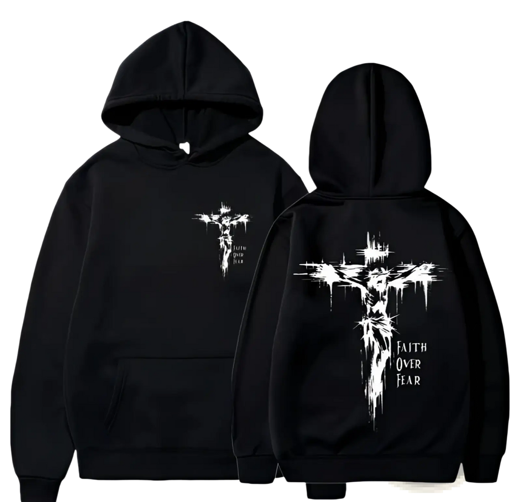 Black pullover hoodie featuring a white crucified figure graphic and faith over fear text, inspired by Philippians 4:13