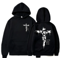 Black pullover hoodie featuring a white crucified figure graphic and faith over fear text, inspired by Philippians 4:13
