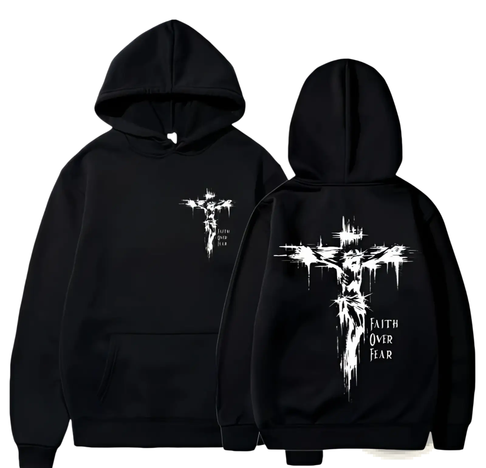 Black pullover hoodie featuring a white crucified figure graphic and faith over fear text, inspired by Philippians 4:13