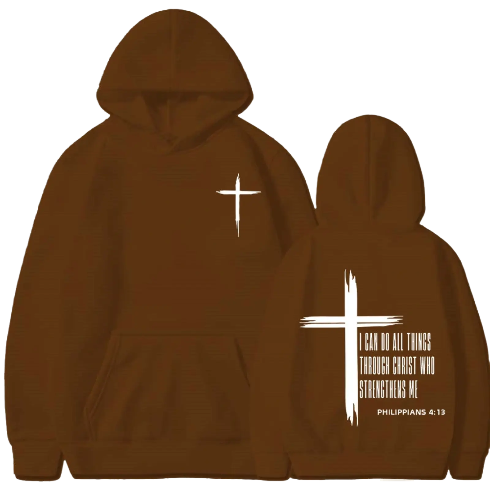 Brown hooded sweatshirt with white cross and philippians 4 13 text printed on the back in men’s pullover hoodie style