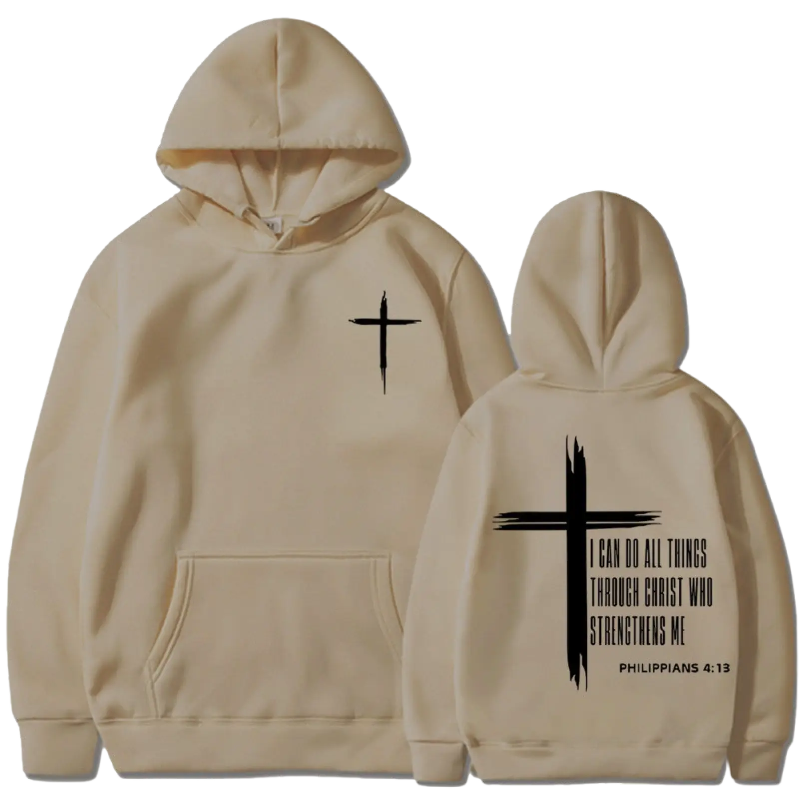 Beige philippians 4 13 cross graphic men’s pullover hoodie with black cross front and brushstroke scripture back view