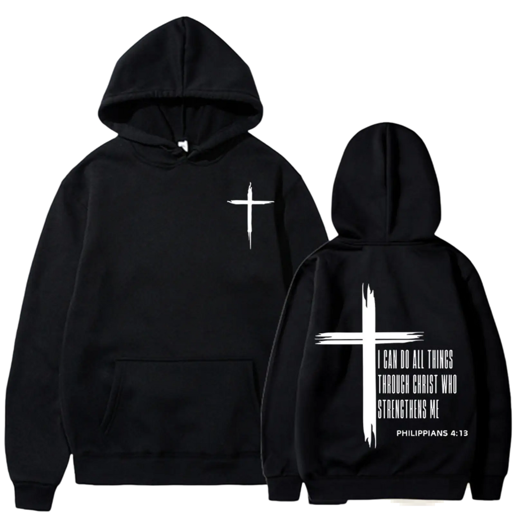 Black philippians 4:13 cross graphic men’s pullover hoodie showing back with white brush-stroke cross and scripture text