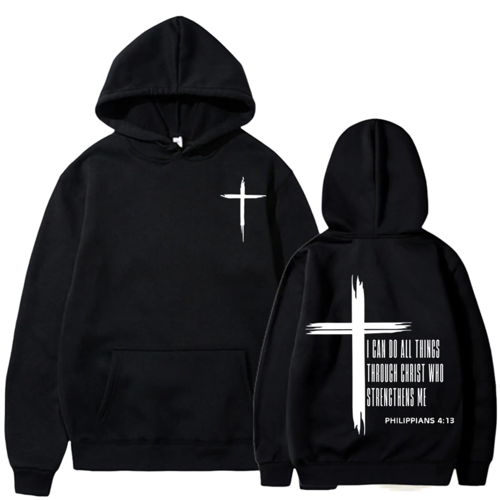 Black philippians 4:13 cross graphic men’s pullover hoodie showing back with white brush-stroke cross and scripture text
