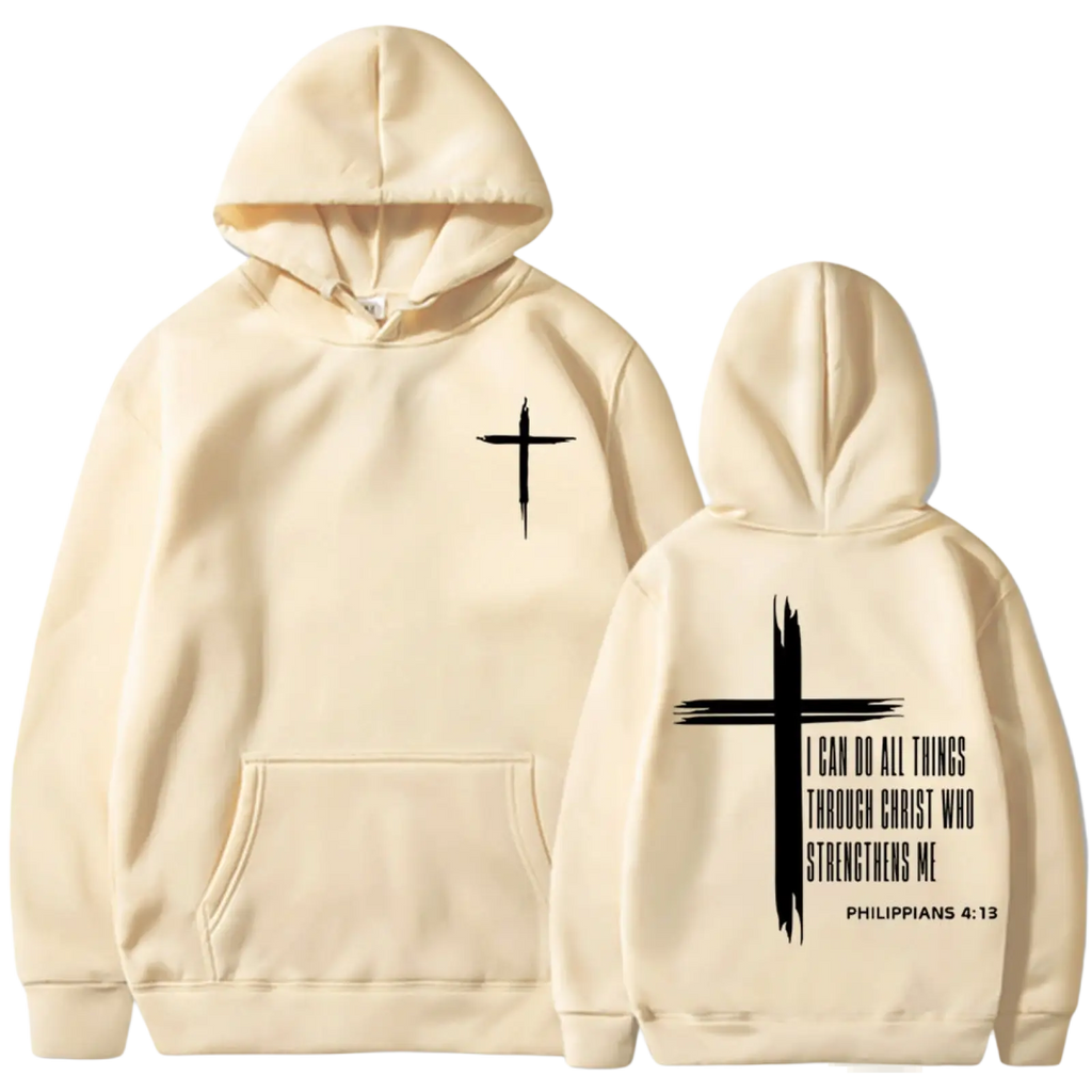 Cream-colored mens pullover hoodie with black cross and philippians 4 13 scripture print on front and back