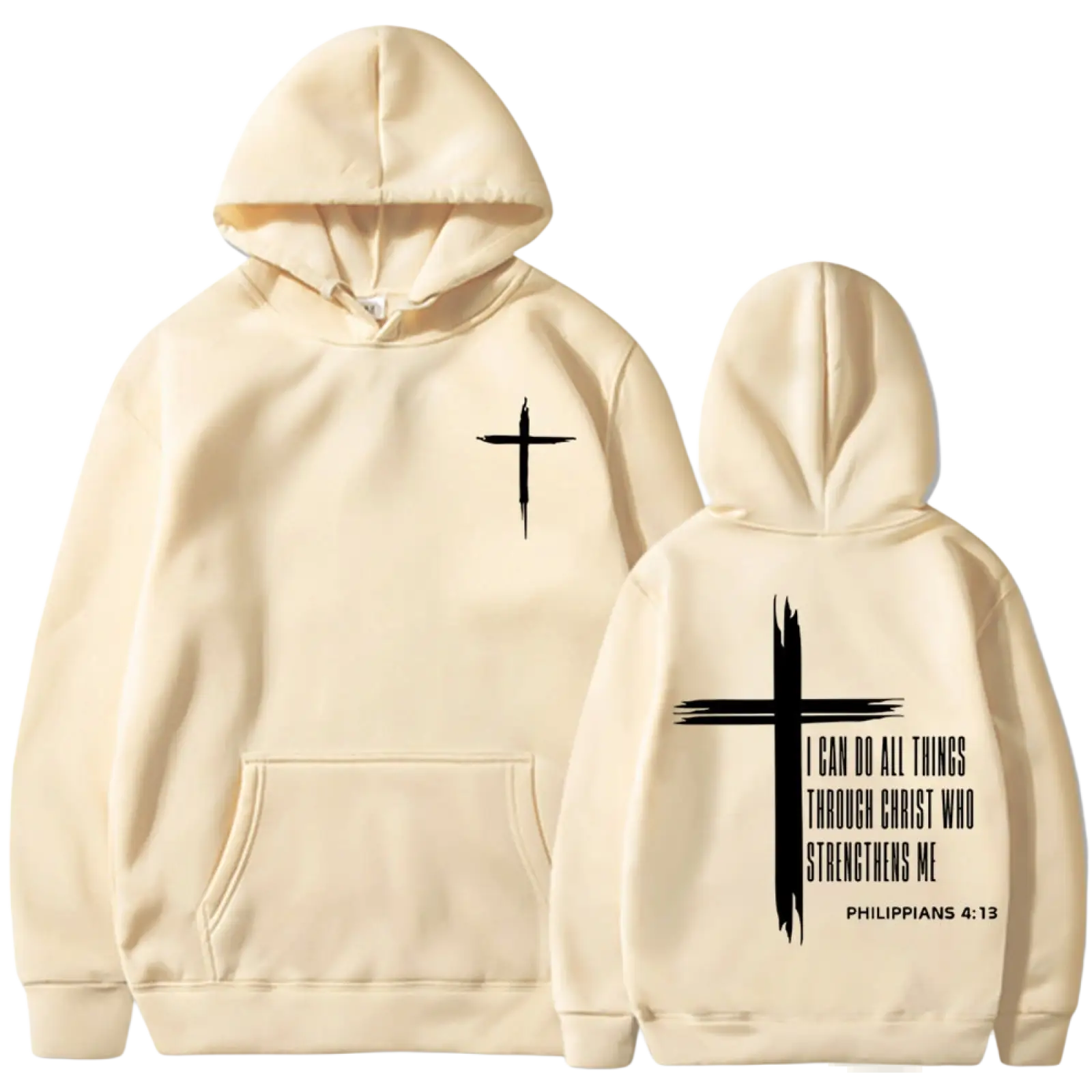 Cream-colored mens pullover hoodie with black cross and philippians 4 13 scripture print on front and back