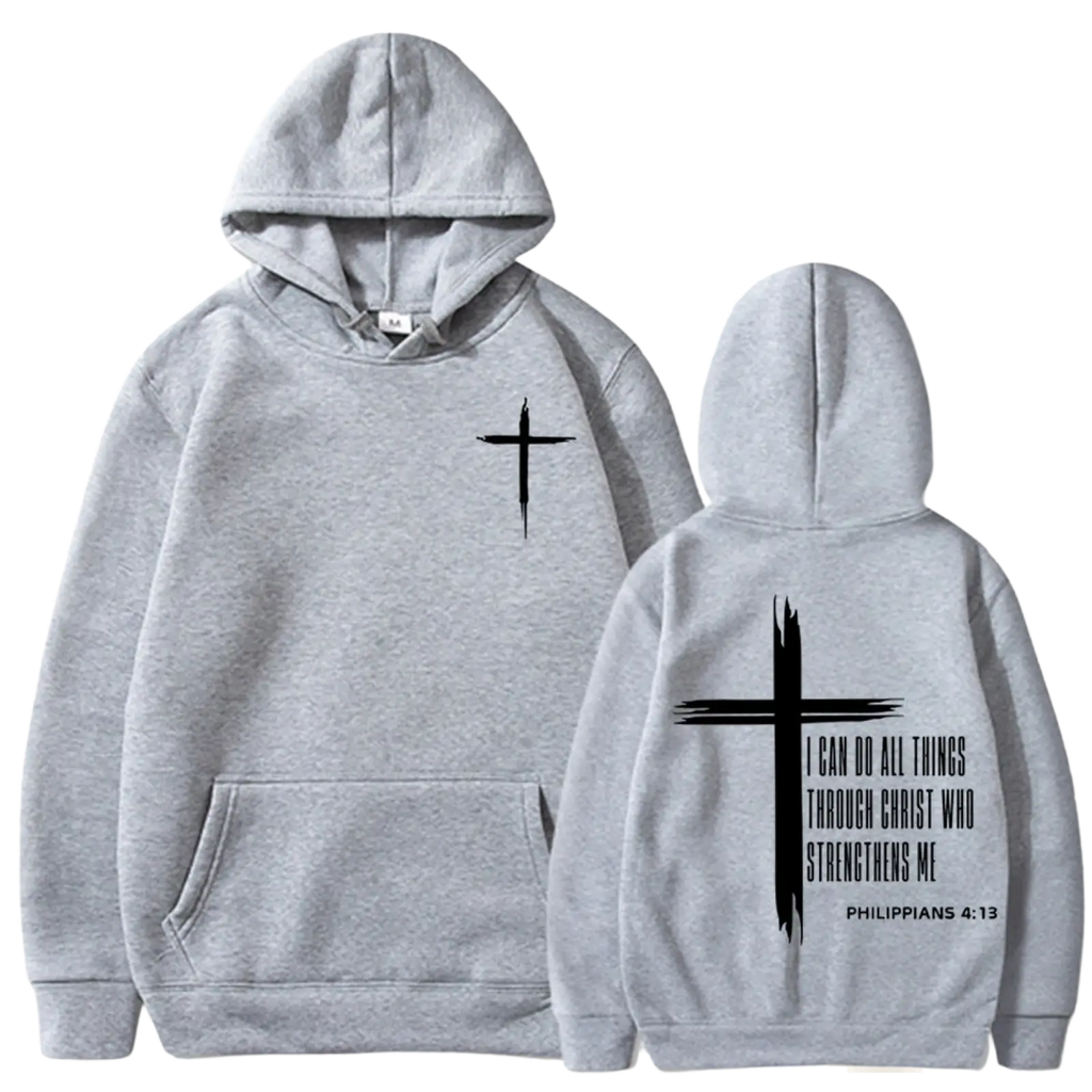 Philippians 4 13 cross graphic men’s pullover hoodie in gray with black cross and scripture text on front and back