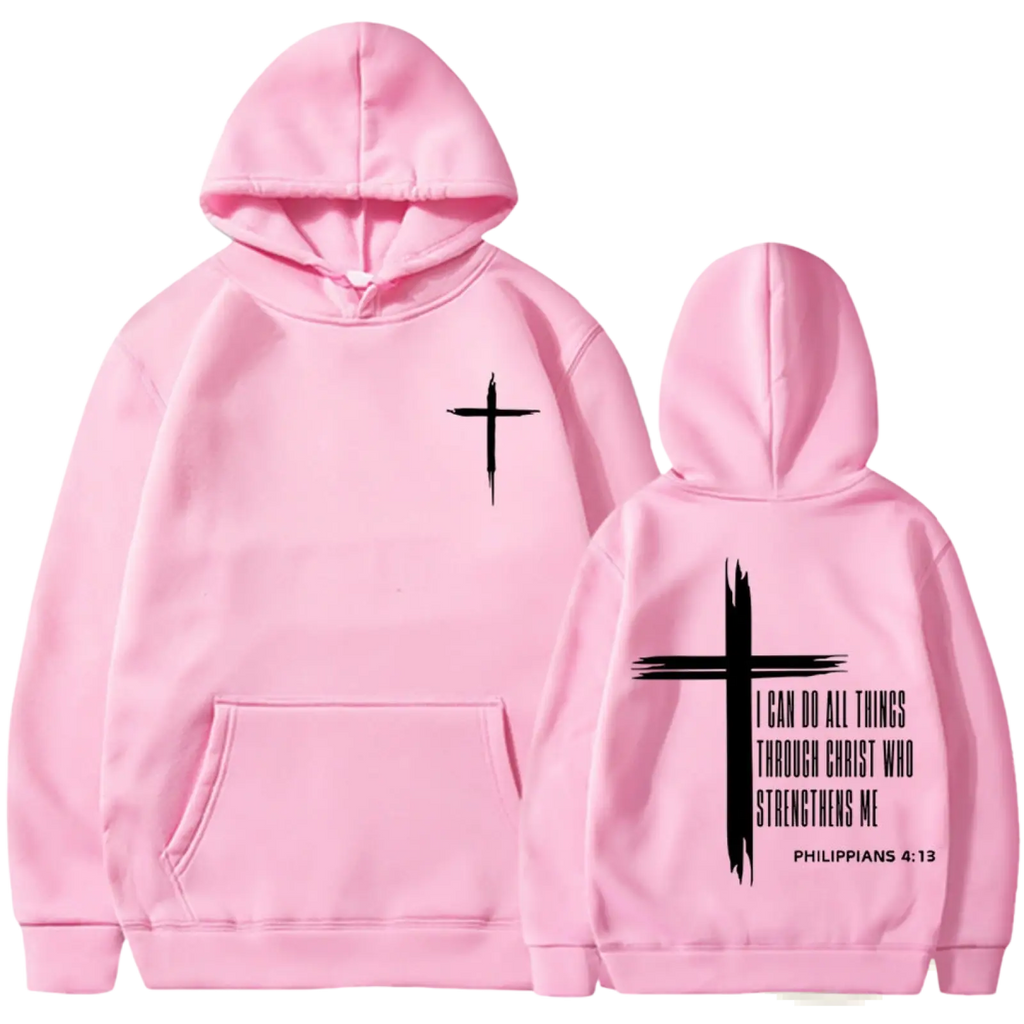 Pink hoodie men’s pullover with black cross and Philippians 4:13 bible verse graphic print on front