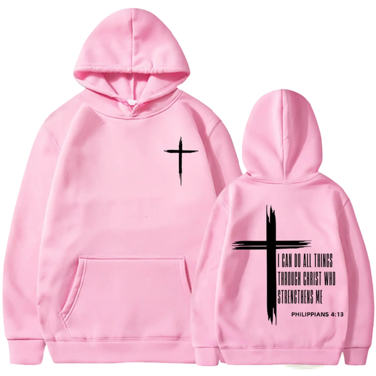 Pink hoodie men’s pullover with black cross and Philippians 4:13 bible verse graphic print on front