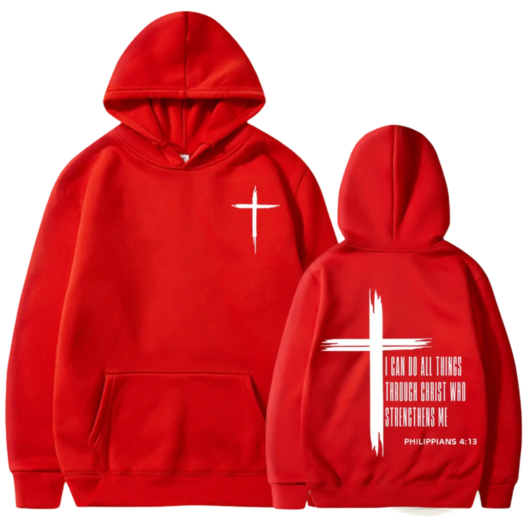 Red hooded sweatshirt with white cross and Philippians 4 13 bible verse printed on front and back sides