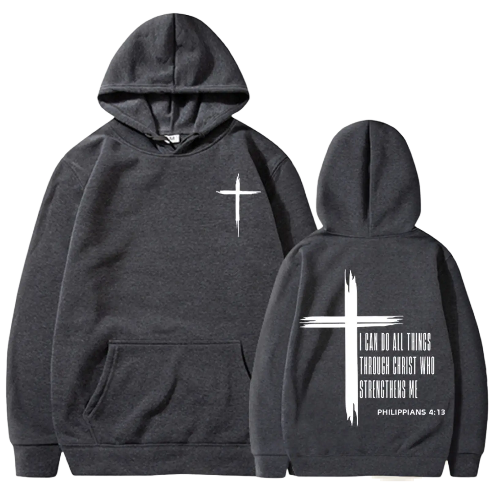 Dark gray men’s pullover hoodie with white cross front and stylized philippians 4 13 scripture text on back
