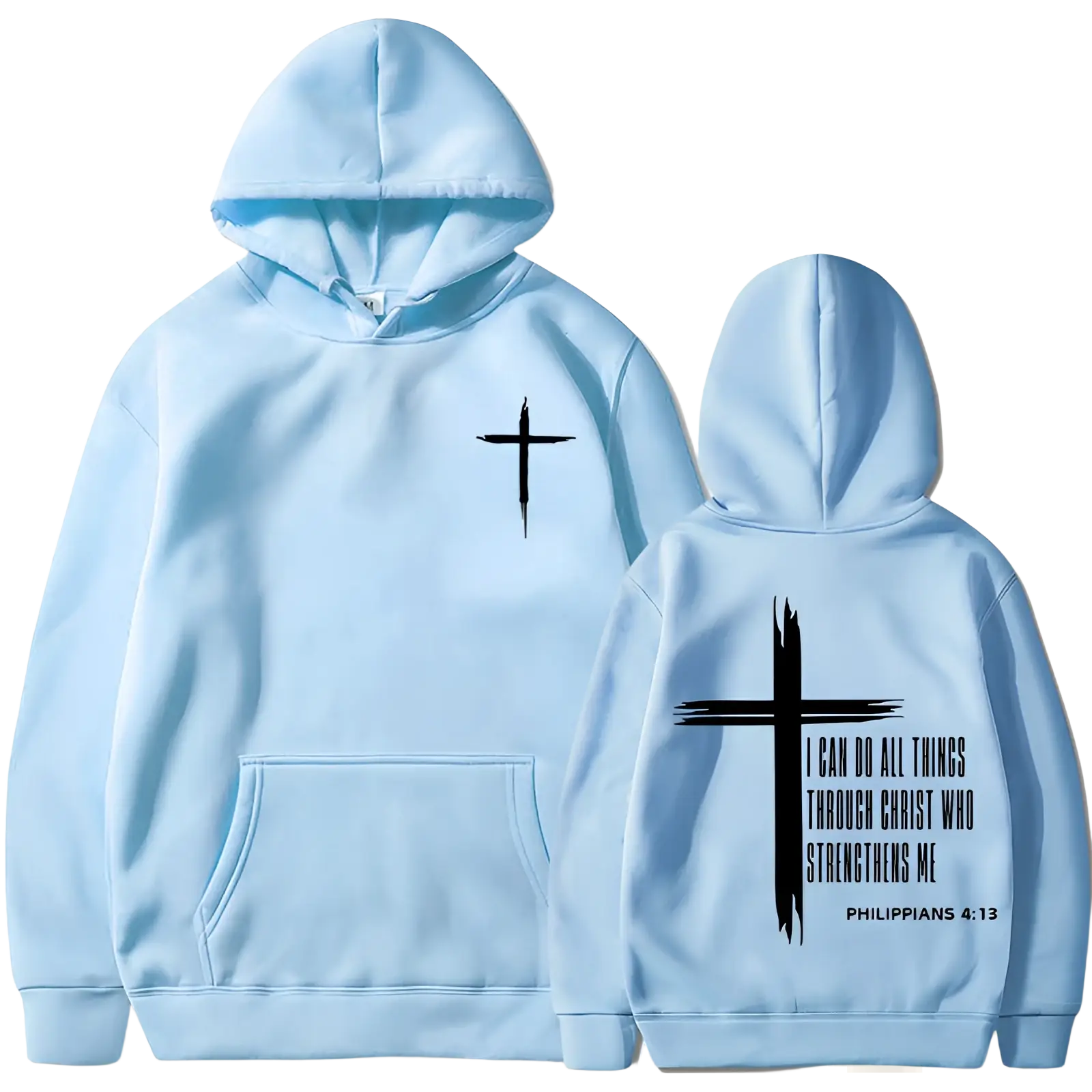 Back view of a light blue philippians 4 13 men’s pullover hoodie with black cross and scripture print on the back