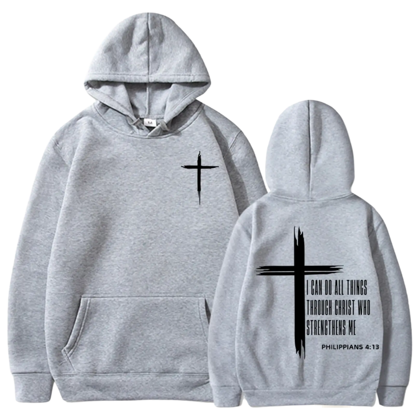 Philippians 4 13 cross graphic men’s pullover hoodie in gray with black cross and scripture text on front and back