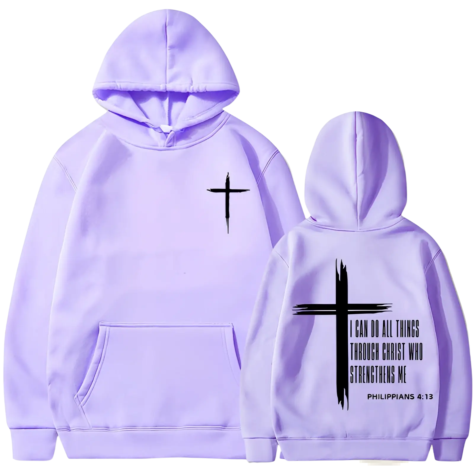 Lavender men’s pullover hoodie featuring a black cross and philippians 4 13 bible verse print on front and back