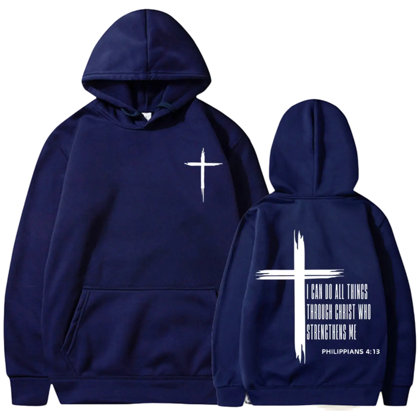 Navy blue cotton men’s pullover hoodie showing the back with white cross and philippians 4 13 scripture print