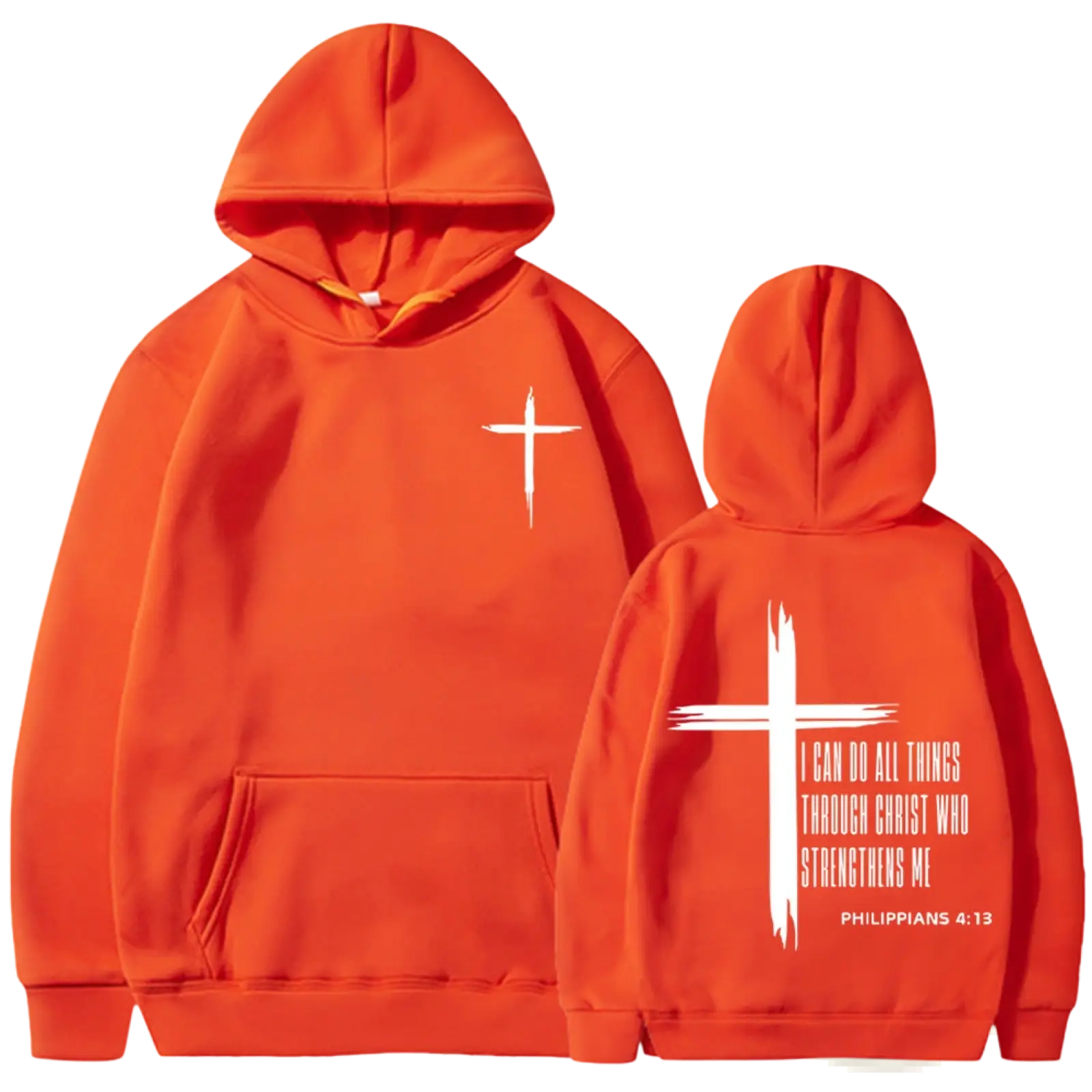 Bright orange philippians 4 13 cross graphic men’s pullover hoodie with white cross front and scripture back view