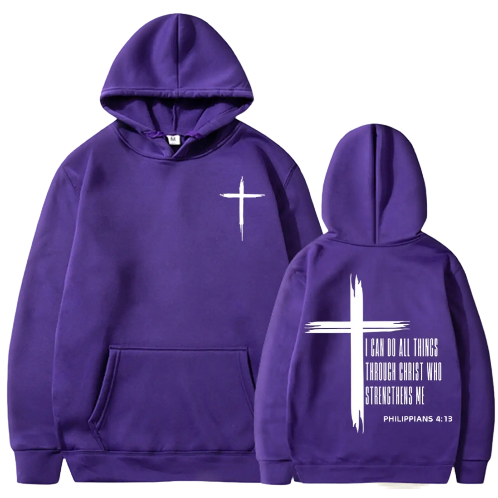 Back of a purple men’s pullover hoodie featuring a white cross and philippians 4:13 bible verse graphic
