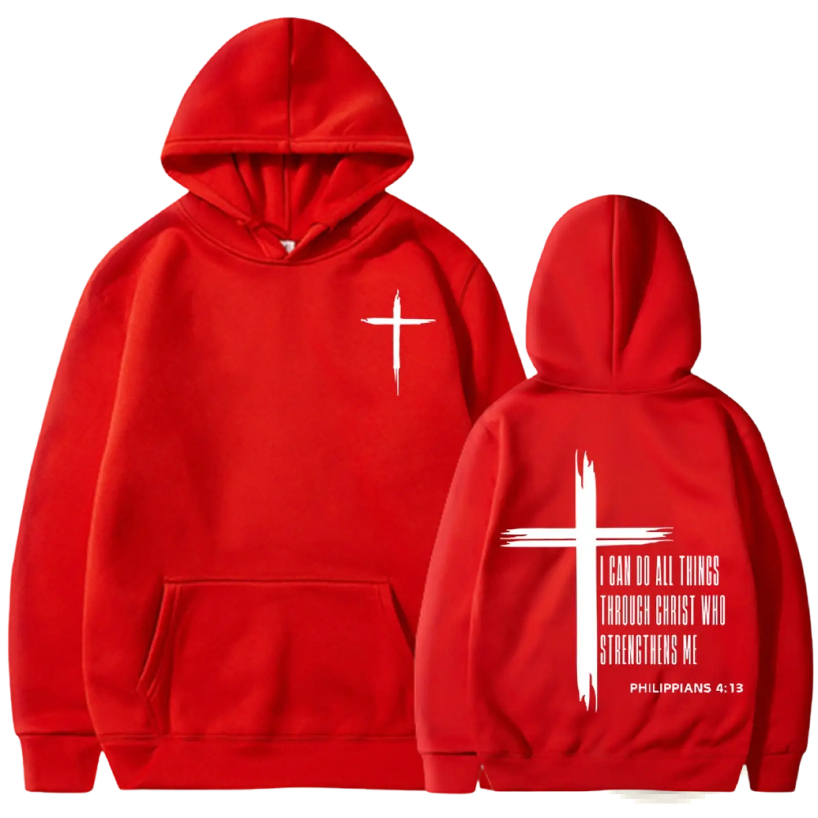 Red hooded sweatshirt with white cross and philippians 4 13 bible verse printed on front and back sides