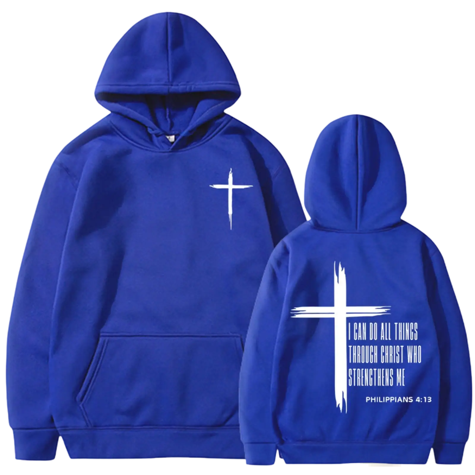 Royal blue philippians 4 13 cross graphic men’s pullover hoodie showing back with large brush-stroke style cross and scripture text