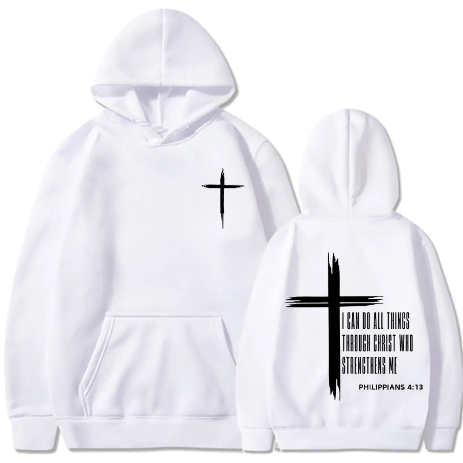 White hoodie featuring a black cross graphic on the front and back, with the bible verse ’i can do all things through christ who strengthens me’ printed below the cross on the rear.