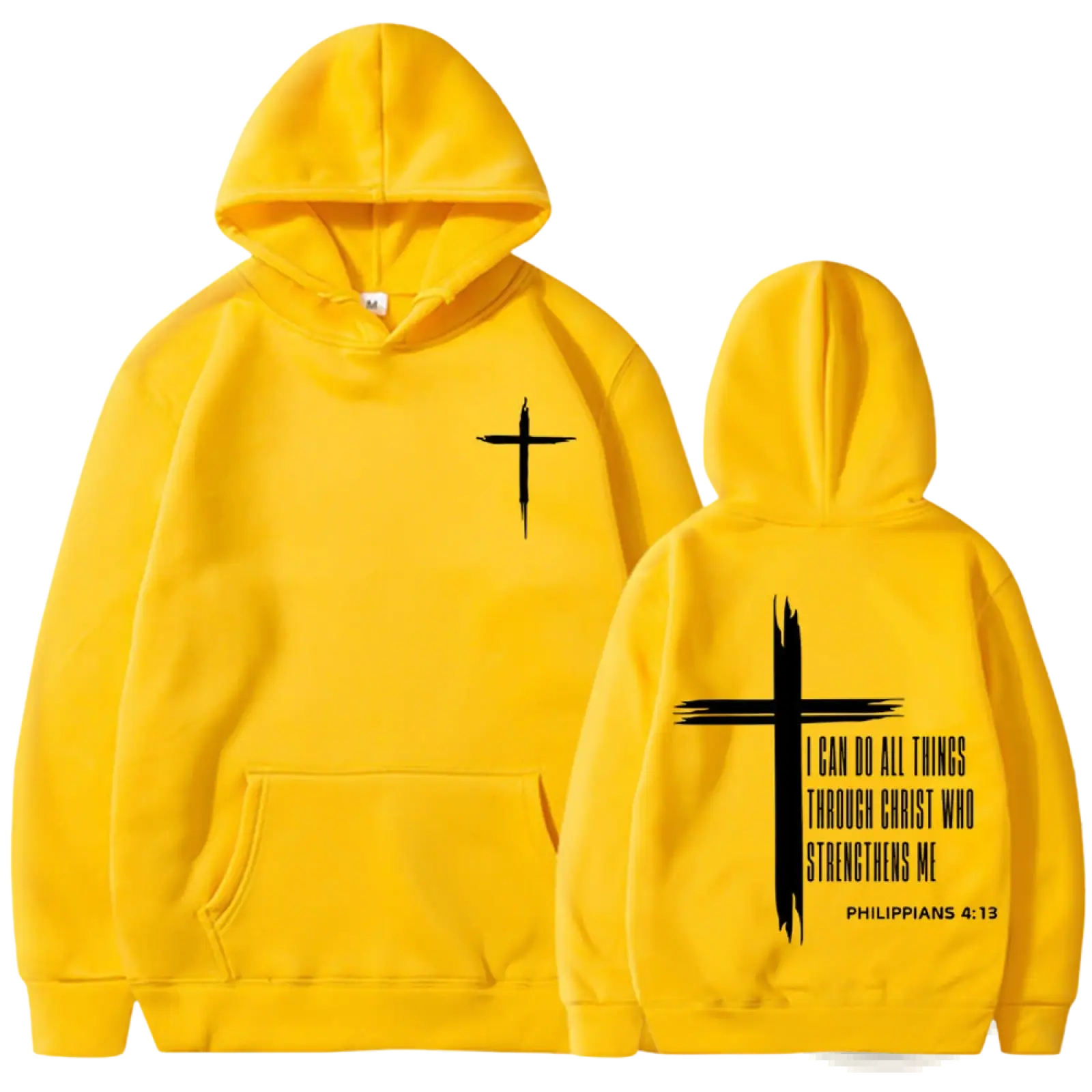 Bright yellow philippians 4 13 cross graphic men’s pullover hoodie with black cross graphic and scripture text on back