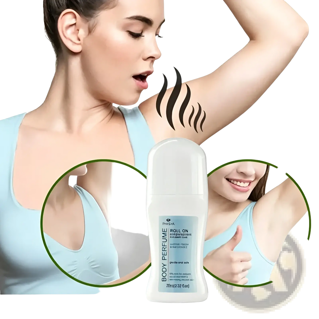 White plastic roll-on body perfume deodorant bottle with blue label and silver cap phisya 150ml herbal antiperspirant