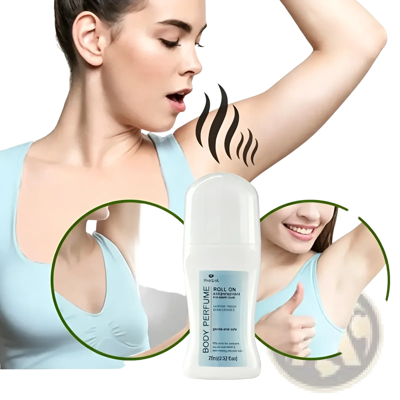 White plastic roll-on body perfume deodorant bottle with blue label and silver cap phisya 150ml herbal antiperspirant