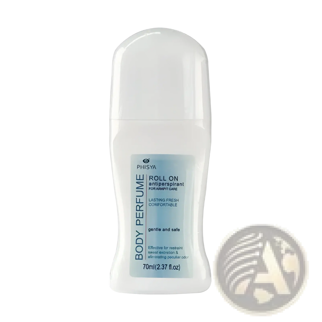 White plastic 150ml herbal antiperspirant roll-on deodorant bottle with light blue phisya label for daily use