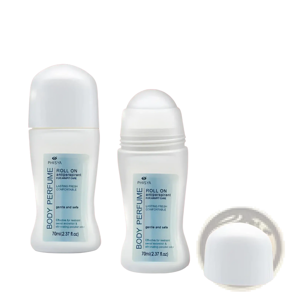 White plastic roll-on antiperspirant deodorants with light blue labels featuring phisya brand and herbal 150ml product details