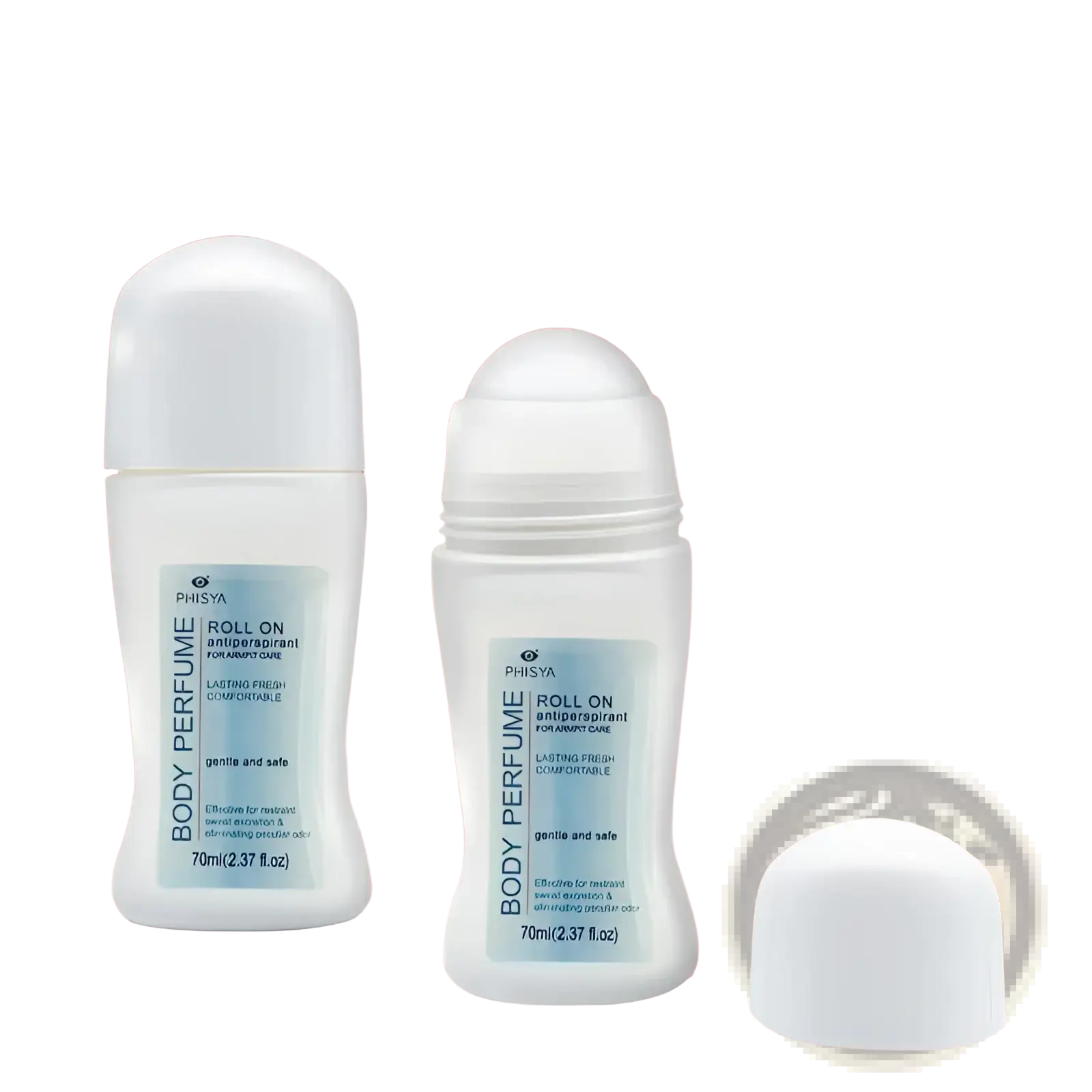 White plastic roll-on antiperspirant deodorants with light blue labels featuring phisya brand and herbal 150ml product details