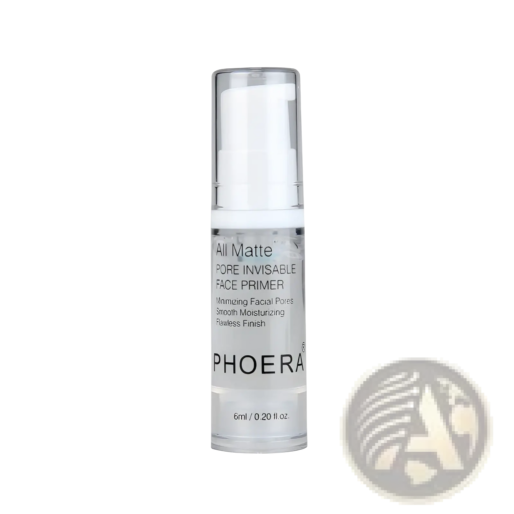 Clear glass bottle with silver pump labeled all matte pore invisible face primer by phoebe for pore minimizing use