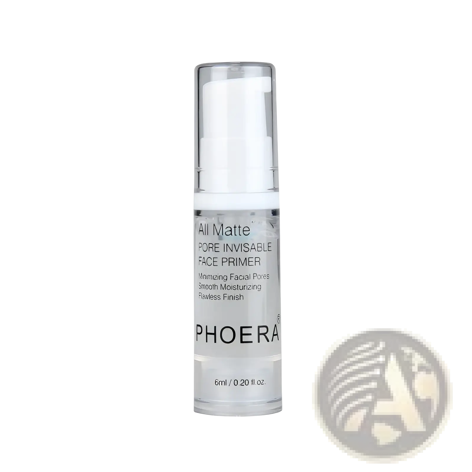 Clear glass bottle with silver pump labeled all matte pore invisible face primer by phoebe for pore minimizing use