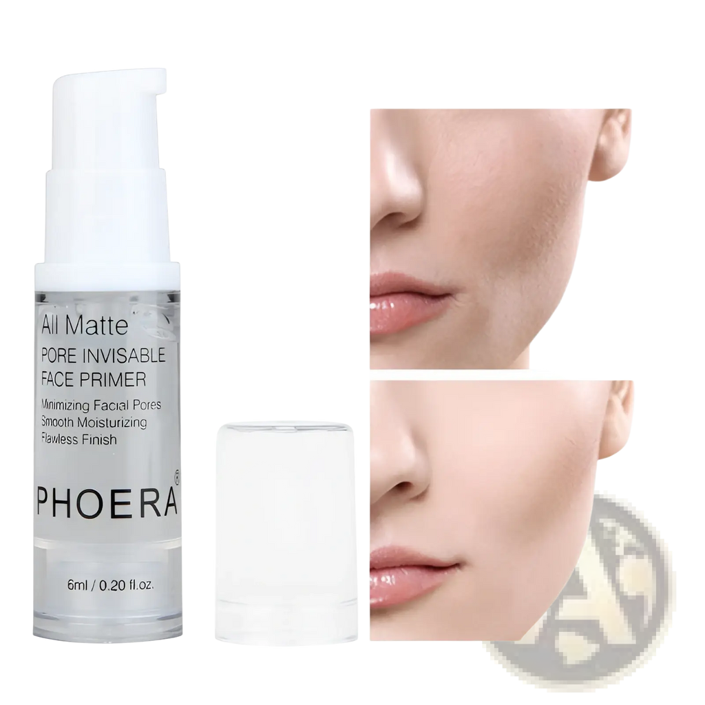 Clear glass bottle with white pump containing transparent phoera matte pore invisible face primer 6ml