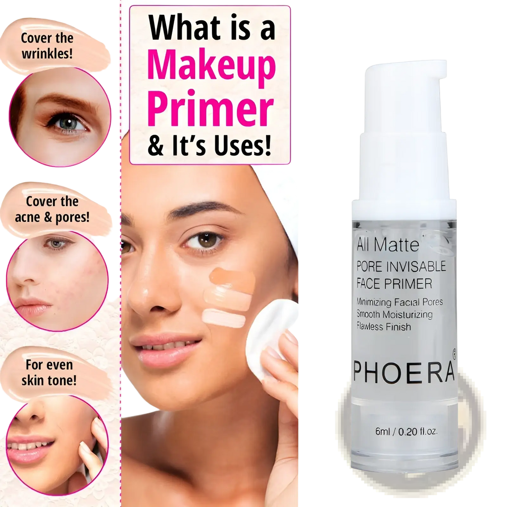 Clear glass bottle with white pump containing transparent phoera matte pore invisible face primer 6ml liquid