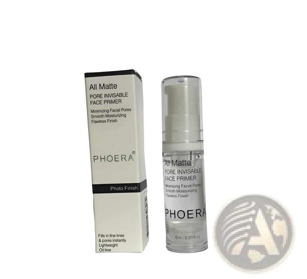 Clear glass bottle with white pump and box labeled phoera matte pore invisible face primer for smooth skin 6ml