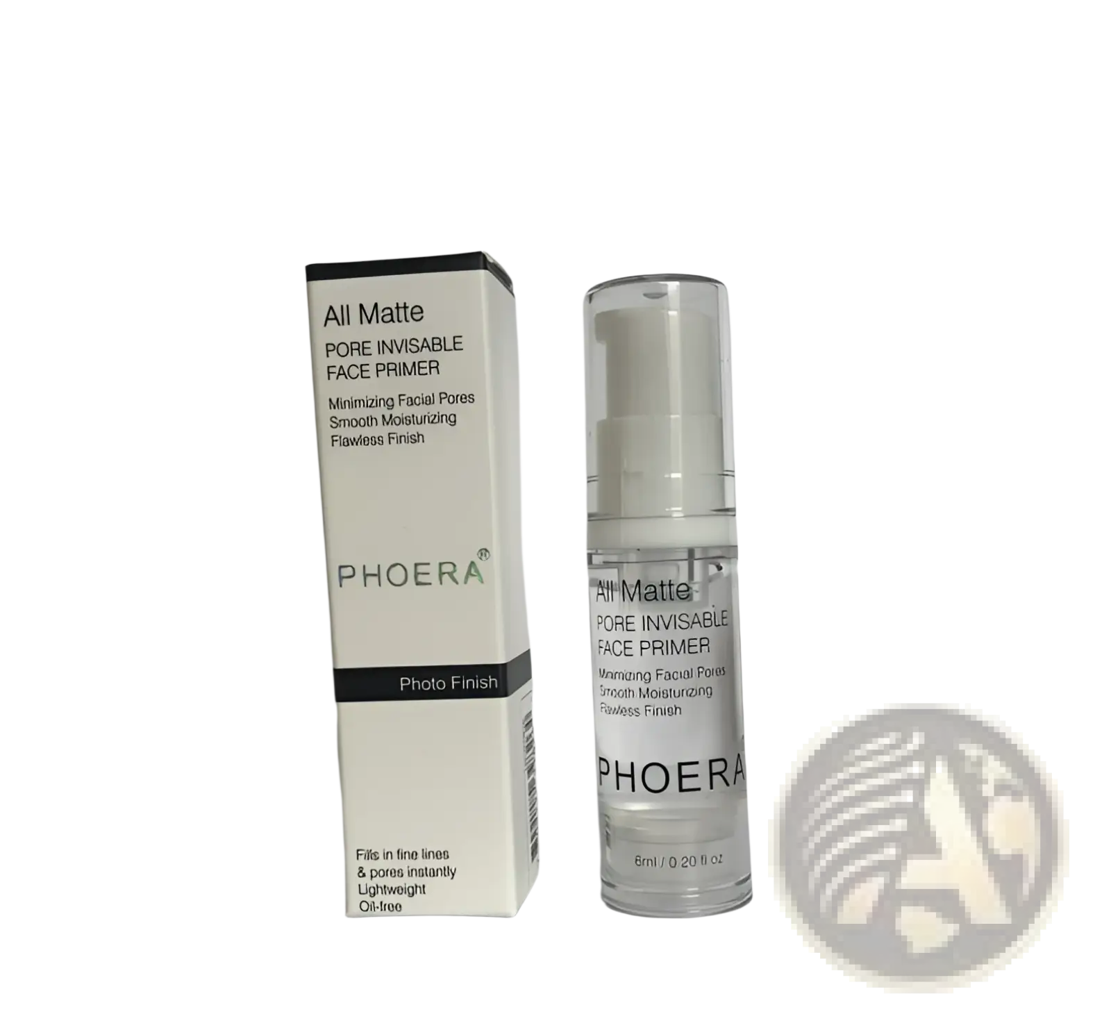 Clear glass bottle with white pump and box labeled phoera matte pore invisible face primer for smooth skin 6ml