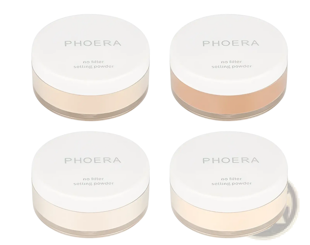 Four white-capped phoera setting powder compacts in four translucent or matte finish shades for oil control matte finish