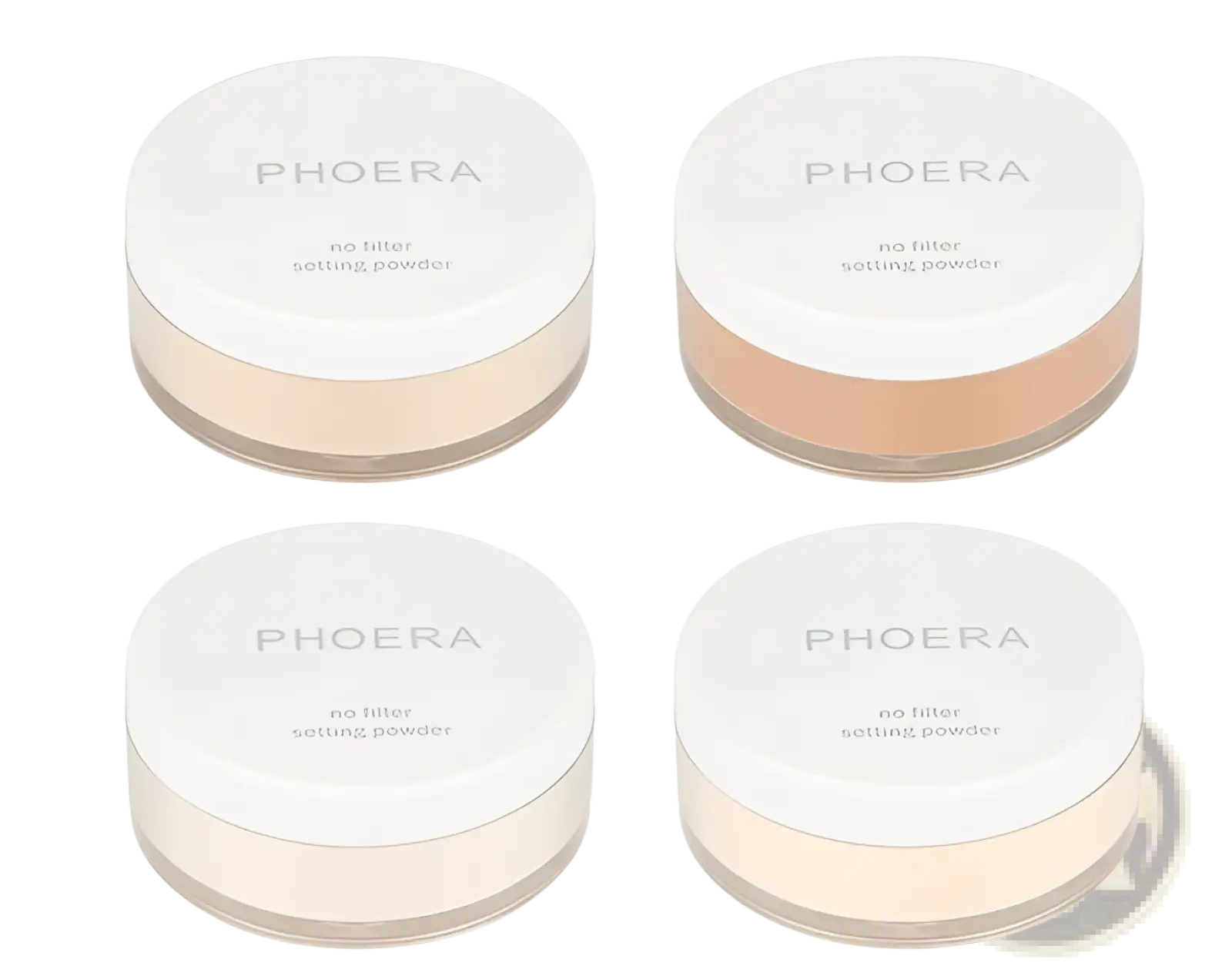 Four white-capped phoera setting powder compacts in four translucent or matte finish shades for oil control matte finish