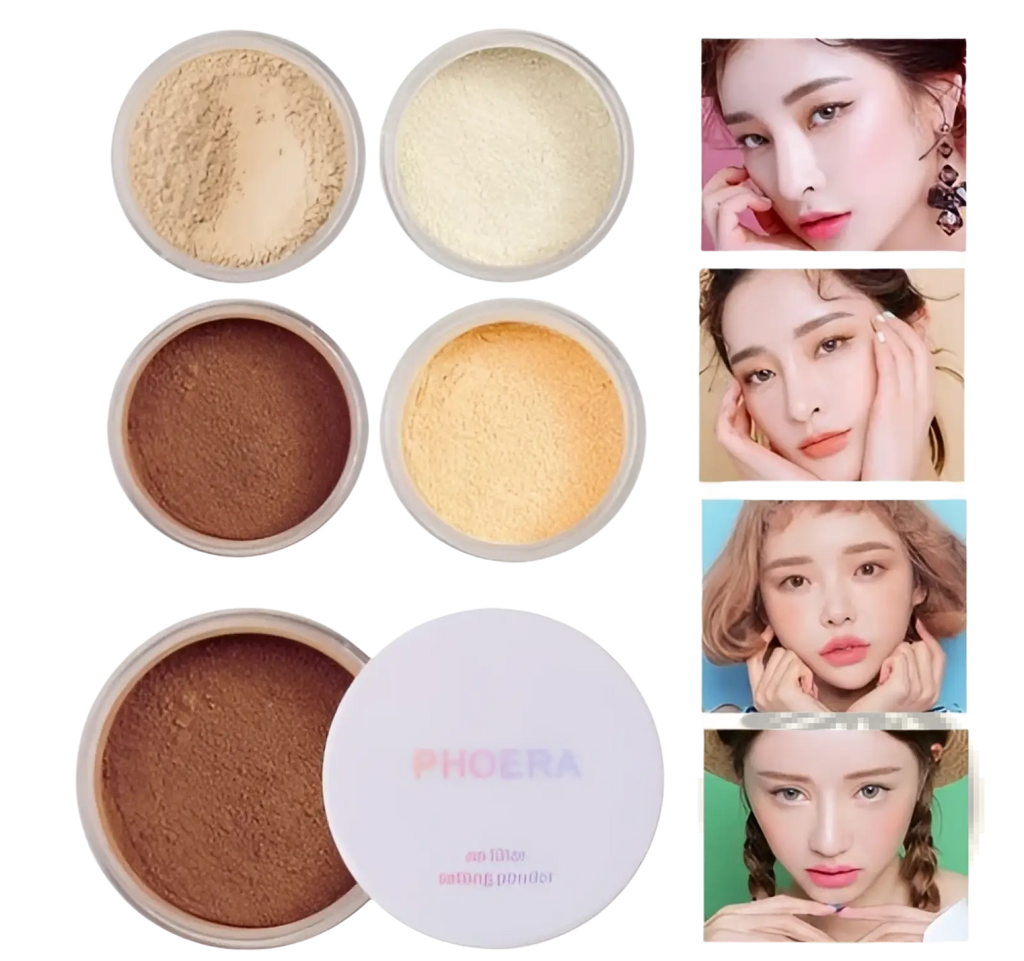 Phoera setting powder oil control matte finish in clear round containers with white lids and four shades
