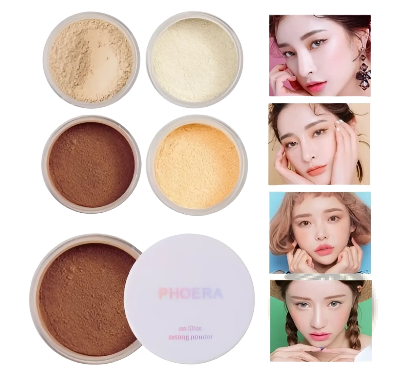 Phoera setting powder oil control matte finish in clear round containers with white lids and four shades