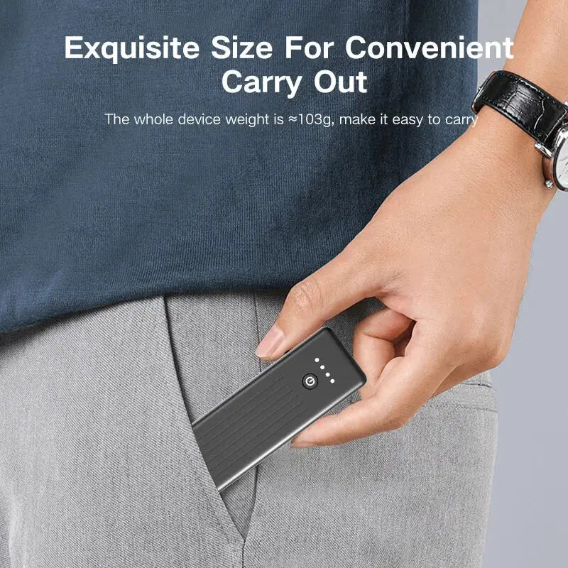 Phomax 5000mah black portable power bank with type-c input, sleek textured surface, and subtle led indicator lights