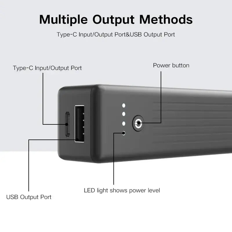 Black rectangular portable power bank with textured surface featuring type-c input and usb output ports for charging